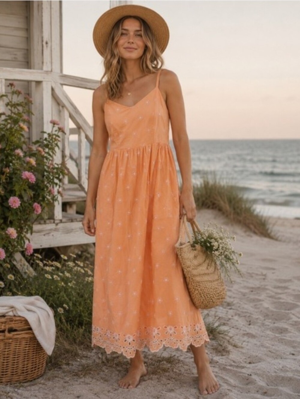 Old Navy Peach-Orange Eyelet Strap Maxi Dress